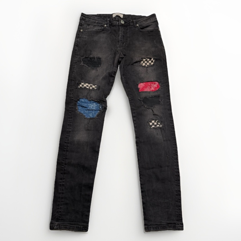 Lakenzie brand, black patchwork jeans, unisex Medium